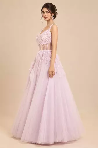 Lilac tulle net gown with ruffle embroidery