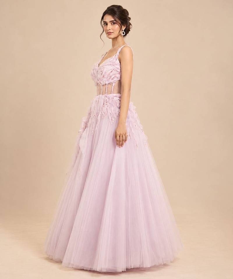 Lilac tulle net gown with ruffle embroidery