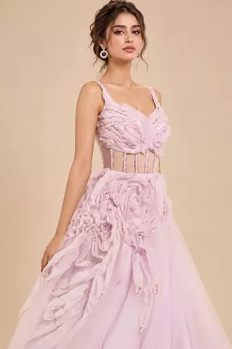 Lilac tulle net gown with ruffle embroidery