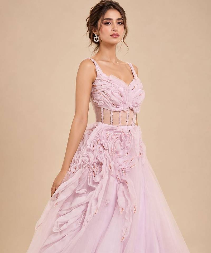 Lilac tulle net gown with ruffle embroidery