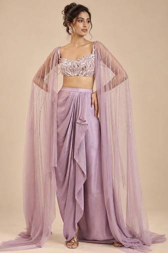 Dusty lilac gajji silk embroidered dhoti set with drape sleeves