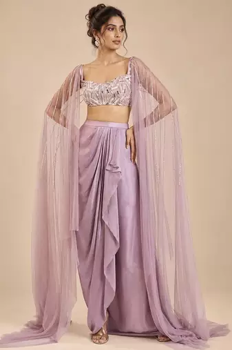 Dusty lilac gajji silk embroidered dhoti set with drape sleeves
