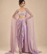 Dusty lilac gajji silk embroidered dhoti set with drape sleeves