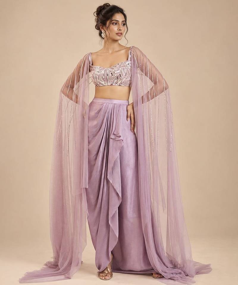 Dusty lilac gajji silk embroidered dhoti set with drape sleeves