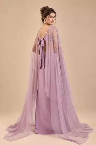 Dusty lilac gajji silk embroidered dhoti set with drape sleeves