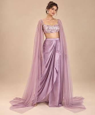 Dusty lilac gajji silk embroidered dhoti set with drape sleeves 3