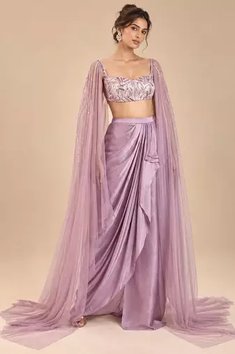 Dusty lilac gajji silk embroidered dhoti set with drape sleeves