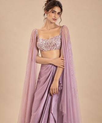 Dusty lilac gajji silk embroidered dhoti set with drape sleeves 4