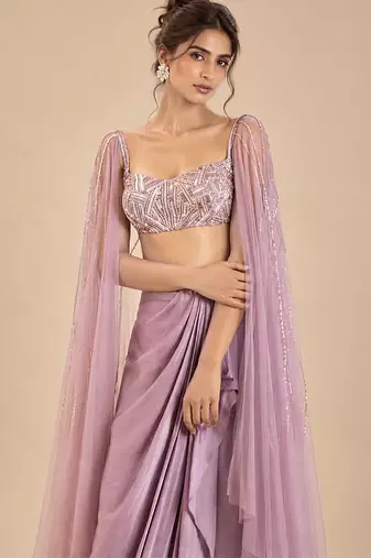 Dusty lilac gajji silk embroidered dhoti set with drape sleeves