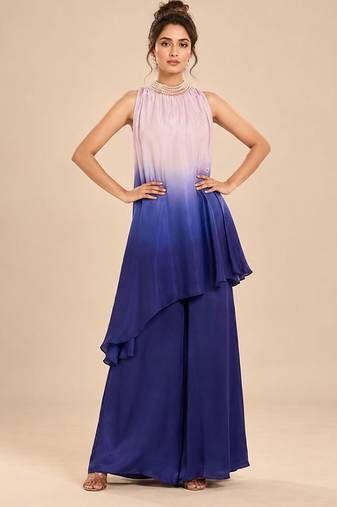 Lilac and navy blue modal satin embroidered kurta set