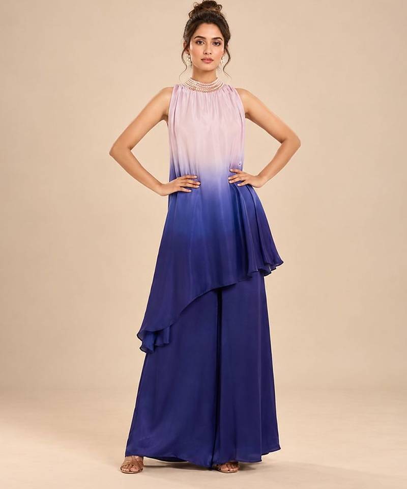 Lilac and navy blue modal satin embroidered kurta set