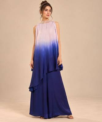 Lilac and navy blue modal satin embroidered kurta set 2