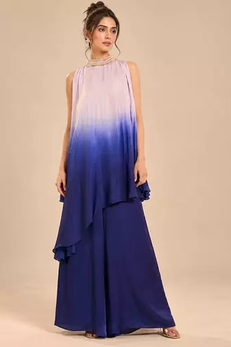 Lilac and navy blue modal satin embroidered kurta set