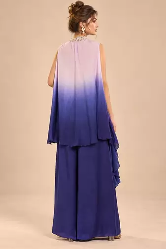 Lilac and navy blue modal satin embroidered kurta set