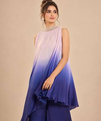 Lilac and navy blue modal satin embroidered kurta set 4