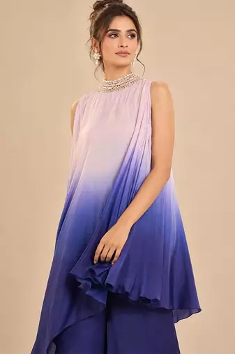 Lilac and navy blue modal satin embroidered kurta set