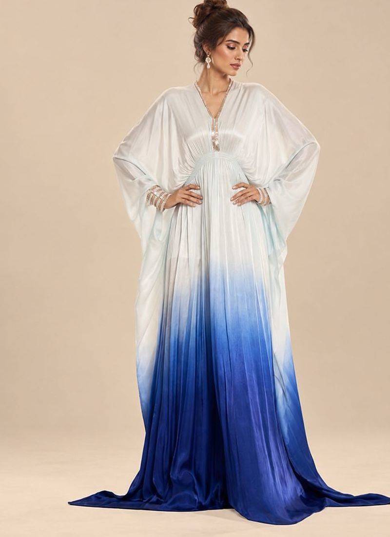 Light blue ombre gajji silk embroidered kaftan