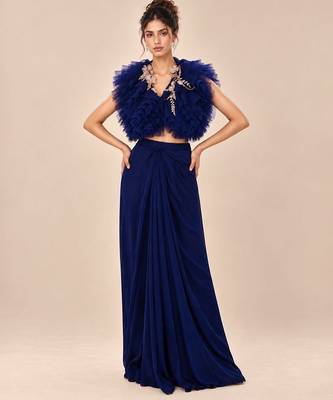 Navy blue ruffle satin organza embroidered drape skirt and jacket set 1