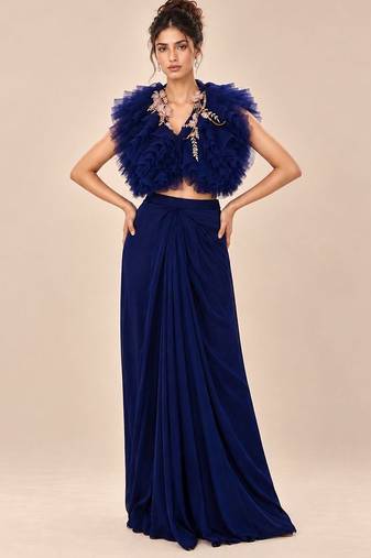 Navy blue ruffle satin organza embroidered drape skirt and jacket set