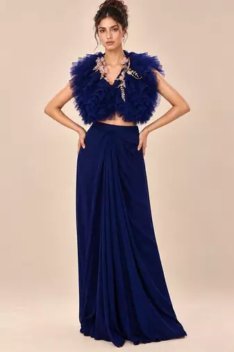 Navy blue ruffle satin organza embroidered drape skirt and jacket set