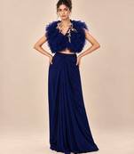 Navy blue ruffle satin organza embroidered drape skirt and jacket set