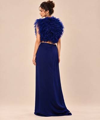 Navy blue ruffle satin organza embroidered drape skirt and jacket set 2