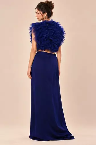 Navy blue ruffle satin organza embroidered drape skirt and jacket set