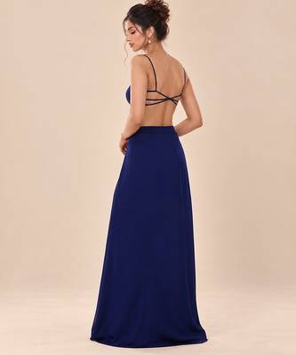 Navy blue ruffle satin organza embroidered drape skirt and jacket set 3
