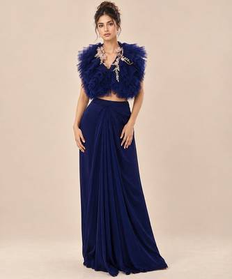 Navy blue ruffle satin organza embroidered drape skirt and jacket set 4