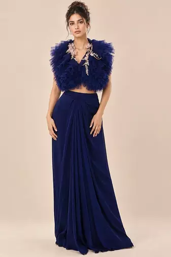 Navy blue ruffle satin organza embroidered drape skirt and jacket set