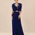 Navy blue ruffle satin organza embroidered drape skirt and jacket set