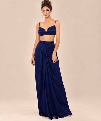 Navy blue ruffle satin organza embroidered drape skirt and jacket set 5