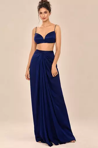 Navy blue ruffle satin organza embroidered drape skirt and jacket set