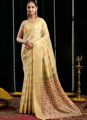 cream soft cotton blend jari border with zhallar festive wear saree 1