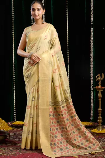 cream soft cotton blend jari border with zhallar festive wear saree