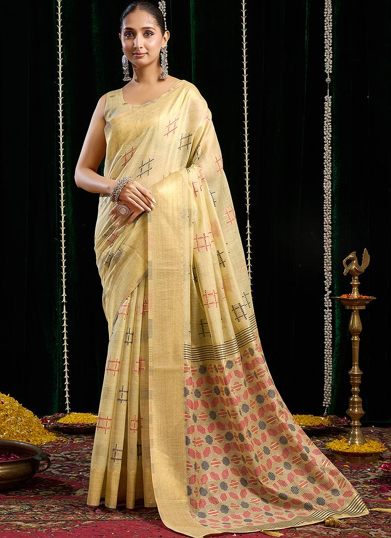 cream soft cotton blend jari border with zhallar festive wear saree