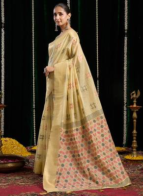 cream soft cotton blend jari border with zhallar festive wear saree 2