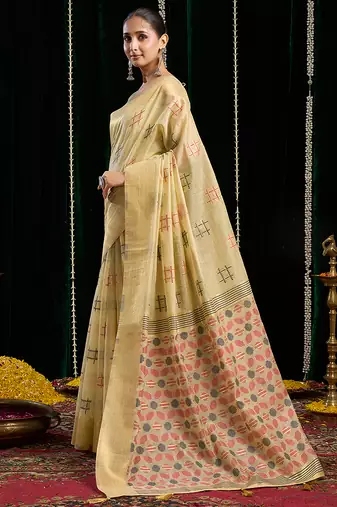 cream soft cotton blend jari border with zhallar festive wear saree