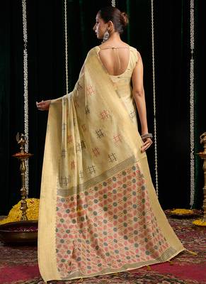 cream soft cotton blend jari border with zhallar festive wear saree 3