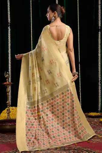 cream soft cotton blend jari border with zhallar festive wear saree