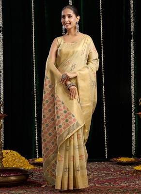 cream soft cotton blend jari border with zhallar festive wear saree 4