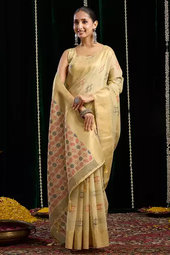 cream soft cotton blend jari border with zhallar festive wear saree