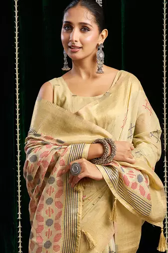 cream soft cotton blend jari border with zhallar festive wear saree