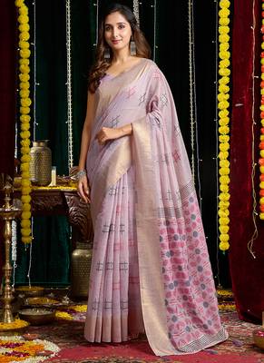 gray soft cotton blend jari border with zhallar festive wear saree 1
