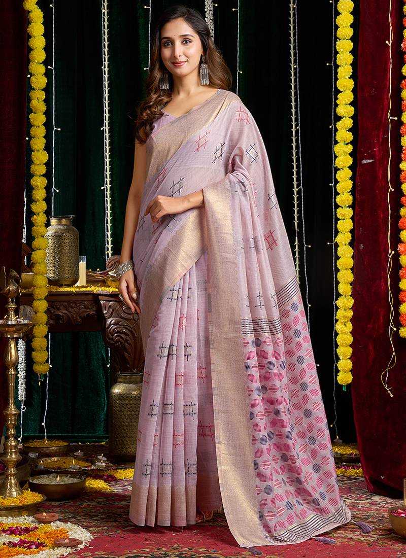 gray soft cotton blend jari border with zhallar festive wear saree