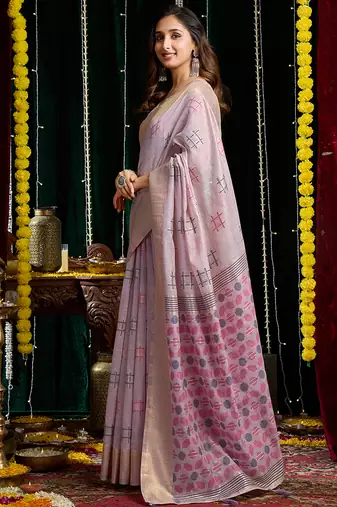 gray soft cotton blend jari border with zhallar festive wear saree