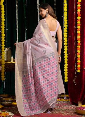 gray soft cotton blend jari border with zhallar festive wear saree 3