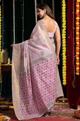 gray soft cotton blend jari border with zhallar festive wear saree