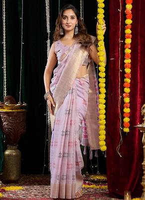 gray soft cotton blend jari border with zhallar festive wear saree 4