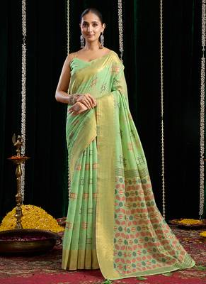 light green soft cotton blend jari border with zhallar festive wear saree 1